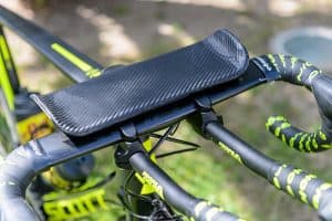 Bicycle handlebar with a black saddle.