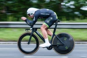 Cyclist in aerodynamic racing position.