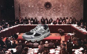 Giant sneaker at a business meeting.