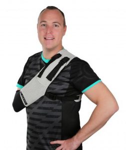 Athlete with shoulder brace at Singapore.
