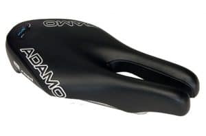 Black bicycle saddle for comfort and fit.