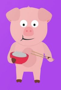 Cute pig holding rice bowl and chopstick.